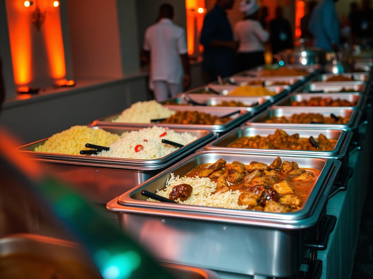 Chafing trays of Nigerian catering food at an event